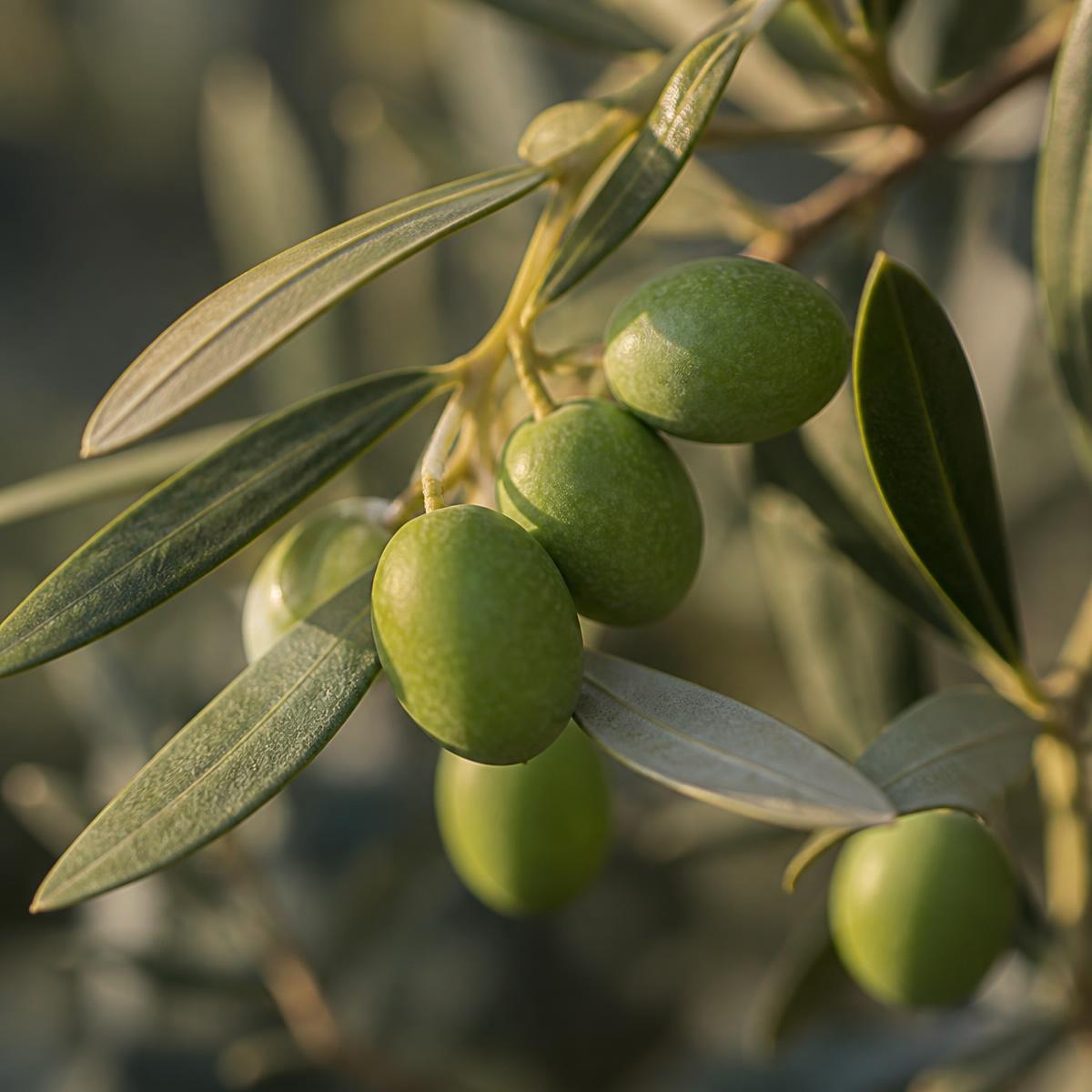 Olive verdi e foglie d’olivo su un ramo